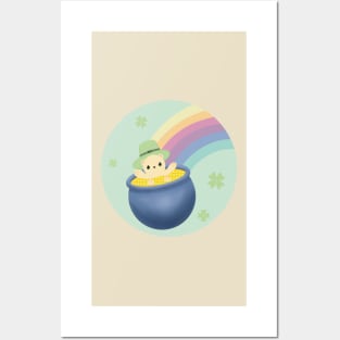 St Patrick’s Day, cute saint patricks day illustration with cute bear in pot of gold and leprechaun hat and rainbow Posters and Art